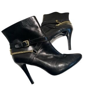 Lauren Ralph Lauren Boots Women 10 Black Leather Ankle Gold Chain Detail.